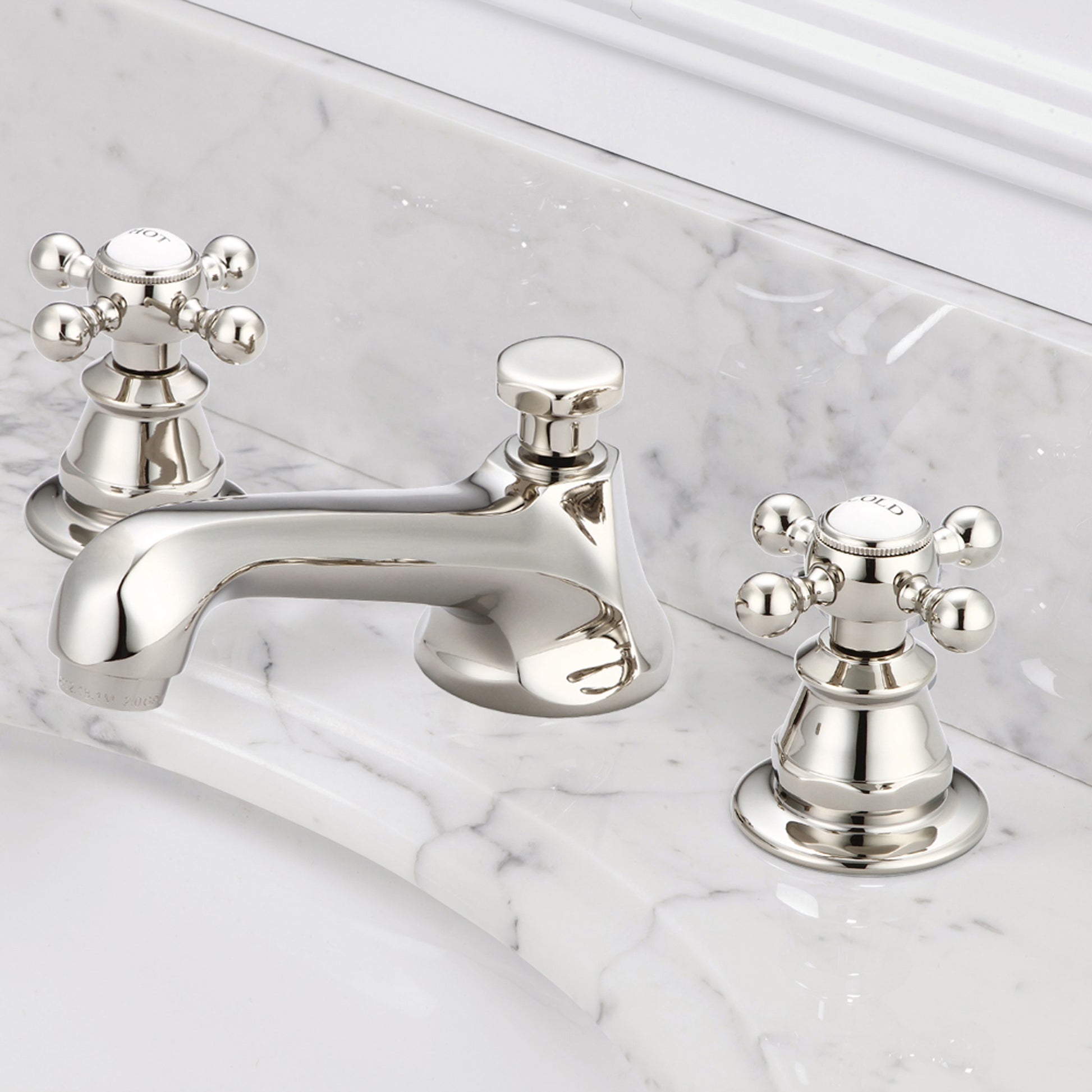 American 20th Century Classic Widespread Bathroom F2-0009 Faucets With Pop-Up Drain in Polished Nickel Finish, With Metal Cross Handles, Hot And Cold Labels Included