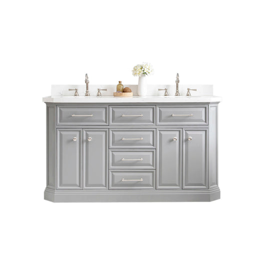 PALACE 60"W x 34"H Cashmere Gray Vanity with Carrara Quartz Countertop + Faucets (F2-0012), Polished Nickel Finish Hardware