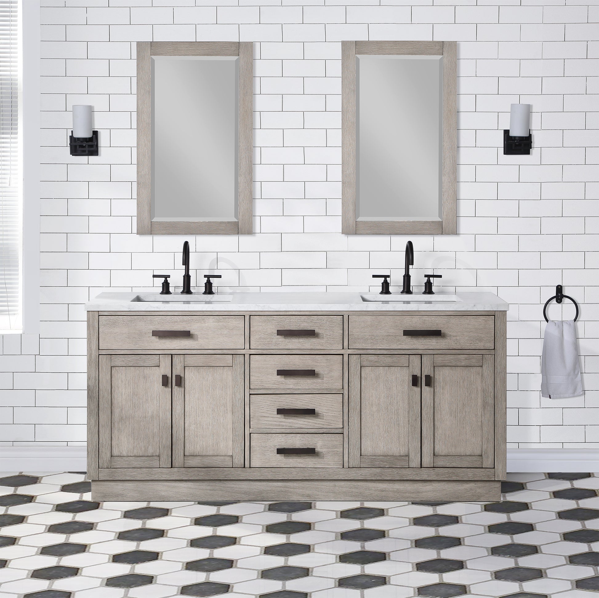 CHESTNUT 72"W x 34.2"H Gray Oak Double-Sink Vanity with Carrara White Marble Countertop + Mirrors