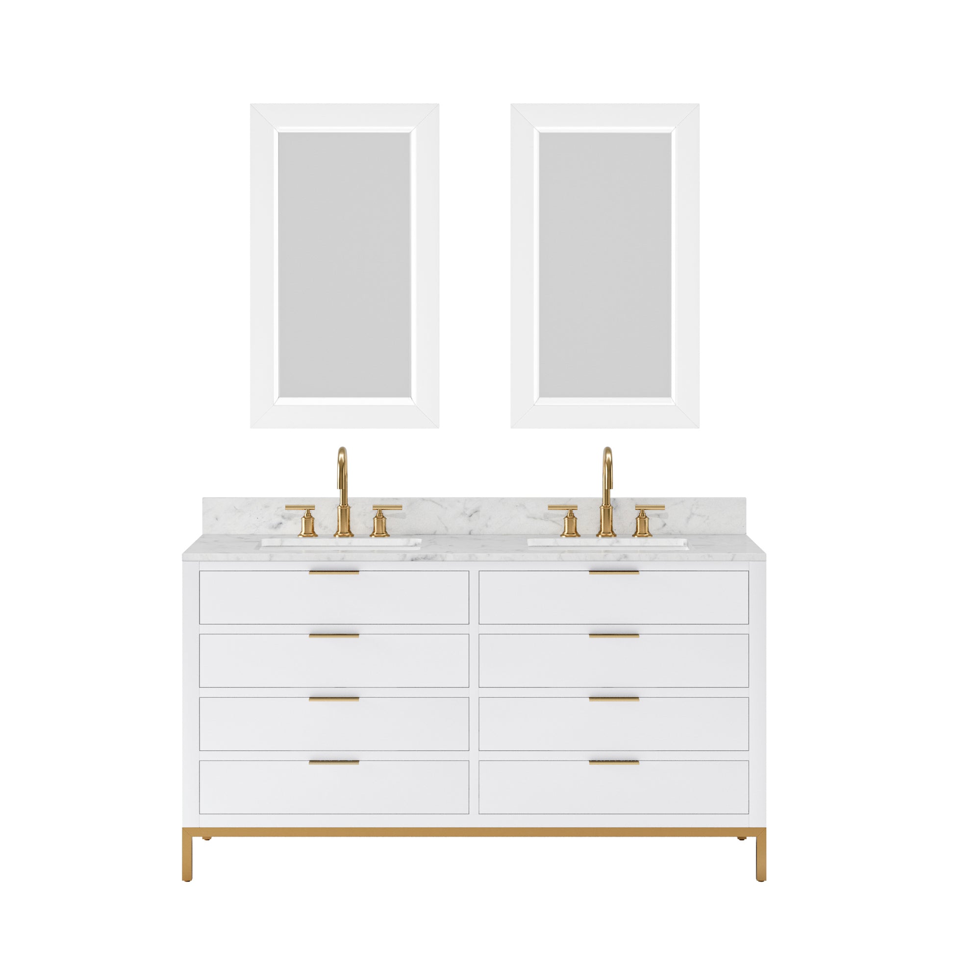 BRISTOL 60"W x 34"H Pure White Double-Sink Vanity with Carrara White Marble Countertop + Satin Gold Gooseneck Faucets and Rectangular Mirrors (S)