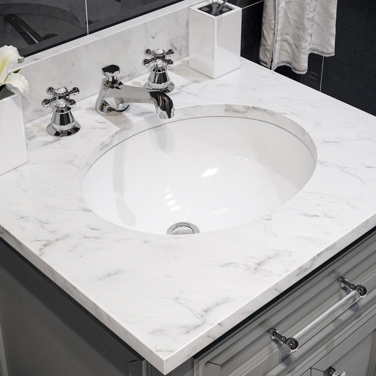 DERBY 30"W x 34"H Cashmere Gray Single-Sink Vanity with Carrara White Marble Countertop + Faucet & Mirror