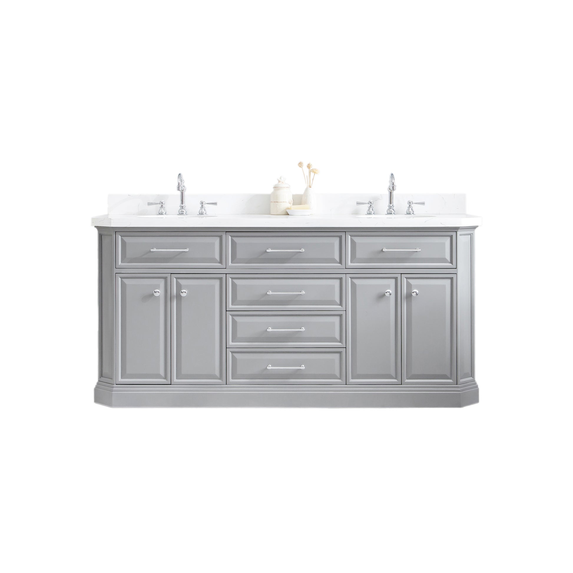 PALACE 72"W x 34"H Cashmere Gray Vanity with Carrara Quartz Countertop + Faucets (F2-0012), Chrome Finish Hardware