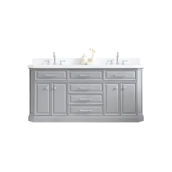 PALACE 72W x 34H Cashmere Gray Vanity with Carrara Quartz Countertop + Faucets (F2-0012), Chrome Finish Hardware