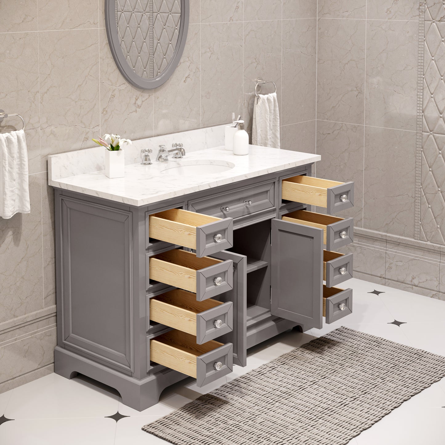 DERBY 48"W x 34"H Cashmere Gray Single-Sink Vanity with Carrara White Marble Countertop + Faucet & Mirror