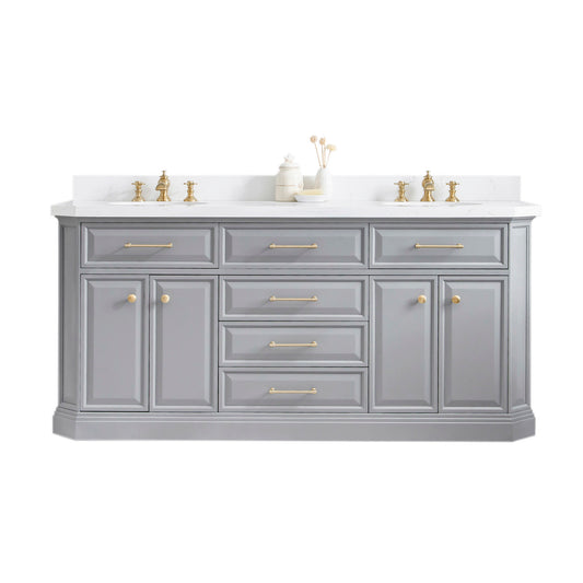 PALACE 72"W x 34"H Cashmere Gray Vanity with Carrara Quartz Countertop + Faucets & Mirrors (F2-0013), Satin Gold Finish Hardware & Chrome Finish Mirror (A)