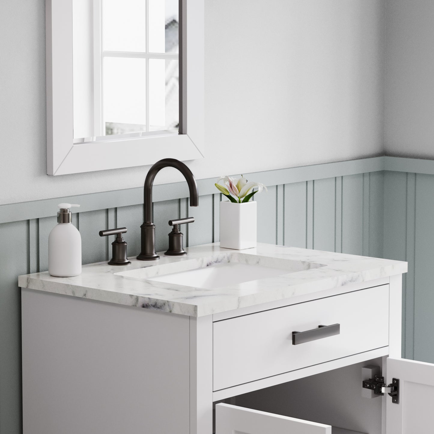 HARTFORD 30"W x 34"H Pure White Single-Sink Vanity with Carrara White Marble Countertop + Gooseneck Faucet and Rectangular Mirror (S)