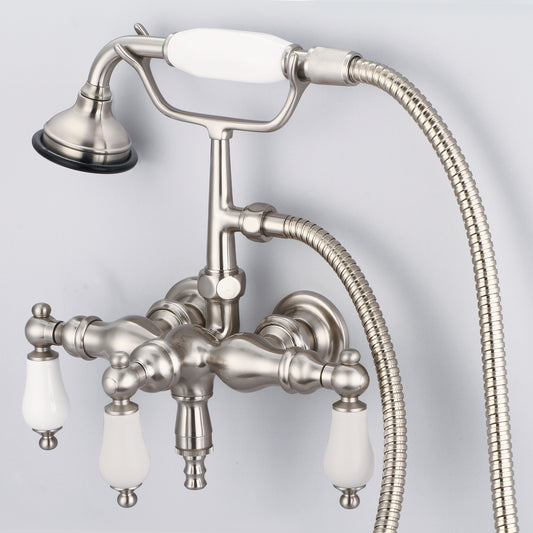 Vintage Classic 3.375" Center Wall Mount Tub Faucet With Down Spout, Straight Wall Connector & Handheld Shower in Brushed Nickel Finish, With Porcelain Lever Handles Without labels