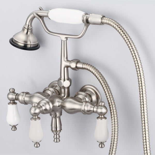 Vintage Classic 3.375 Center Wall Mount Tub Faucet With Down Spout, Straight Wall Connector & Handheld Shower in Brushed Nickel Finish, With Porcelain Lever Handles Without labels