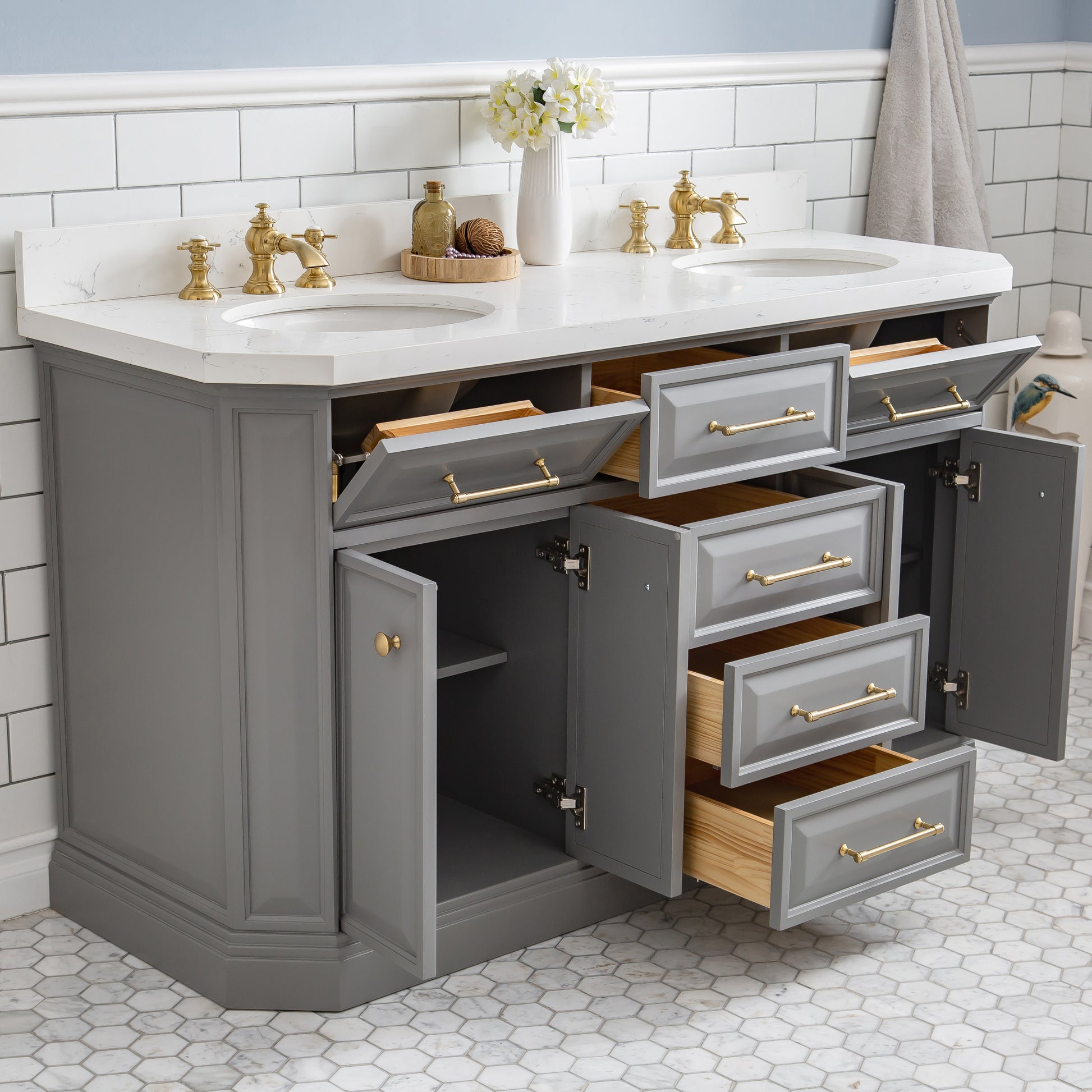 PALACE 60"W x 34"H Cashmere Gray Vanity with Carrara Quartz Countertop + Mirrors, Satin Gold Finish Hardware & Chrome Finish Mirror (A)