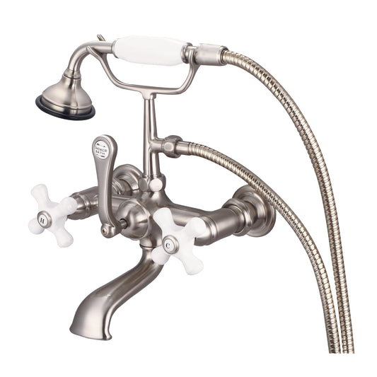 Vintage Classic 7" Spread Wall Mount Tub Faucet With Straight Wall Connector & Handheld Shower in Brushed Nickel Finish, With Porcelain Cross Handles, Hot And Cold Labels Included