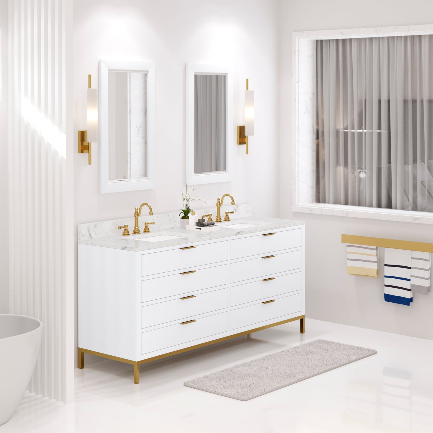 BRISTOL 72"W x 34"H Pure White Double-Sink Vanity with Carrara White Marble Countertop + Rectangular Mirrors (S)