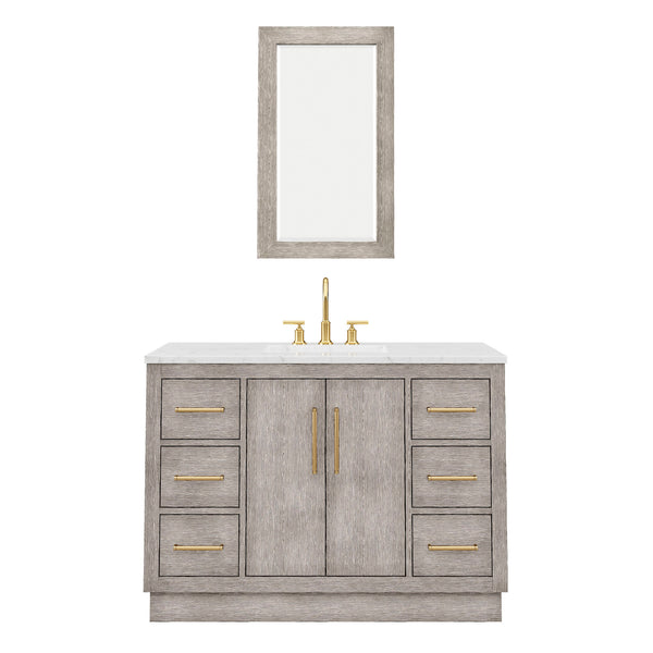 HUGO 48W x 34.3H Gray Oak Single-Sink Vanity with Carrara White Marble Countertop + Mirror