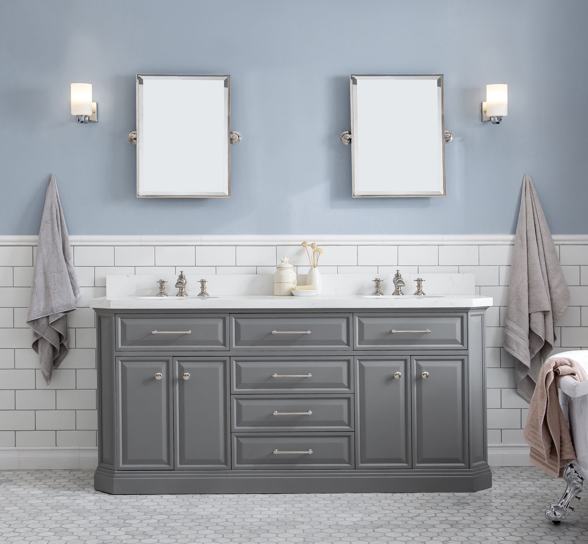 PALACE 72"W x 34"H Cashmere Gray Vanity with Carrara Quartz Countertop + Faucets (F2-0013), Polished Nickel Finish Hardware