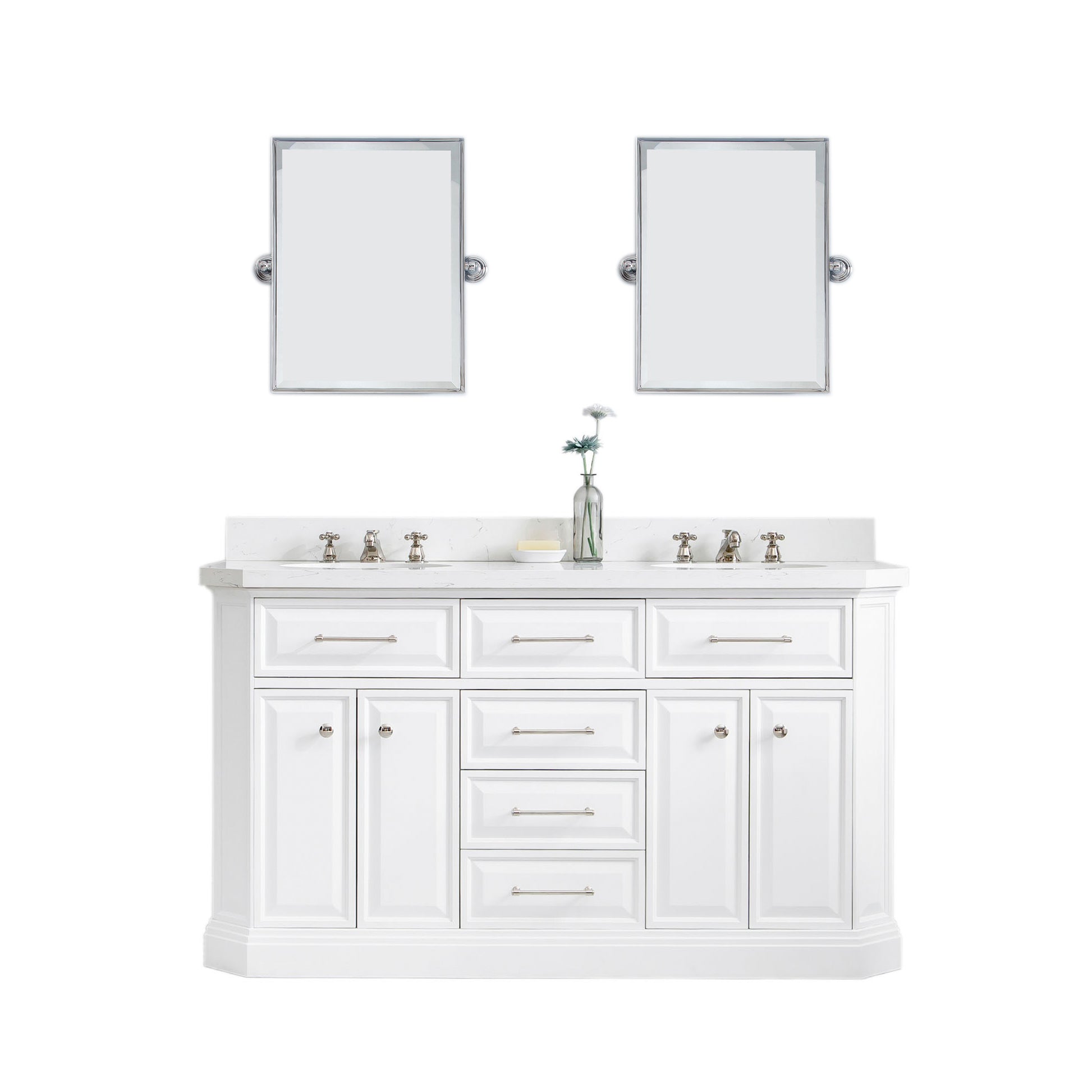 PALACE 60"W x 34"H Pure White Vanity with Carrara Quartz Countertop + Mirror, Polished Nickel Finish Hardware & Mirror