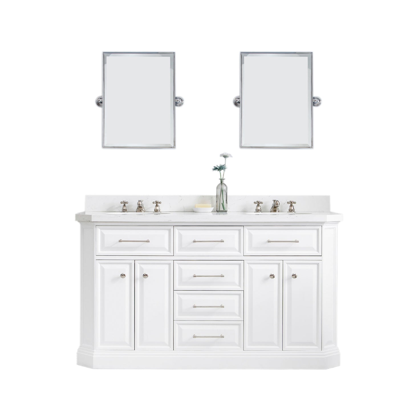 PALACE 60"W x 34"H Pure White Vanity with Carrara Quartz Countertop + Mirror, Polished Nickel Finish Hardware & Mirror