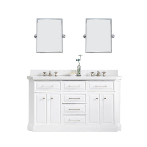 PALACE 60W x 34H Pure White Vanity with Carrara Quartz Countertop + Mirror, Polished Nickel Finish Hardware & Mirror