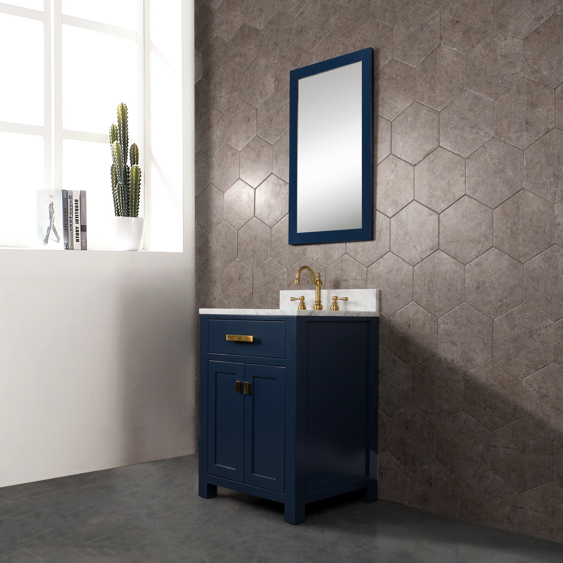 MADISON 24"W x 34"H Monarch Blue Single-Sink Vanity with Carrara White Marble Countertop + Faucets & Mirror (F2-0012-06-TL)