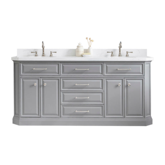 PALACE 72"W x 34"H Cashmere Gray Vanity with Carrara Quartz Countertop + Faucets (F2-0012), Polished Nickel Finish Hardware