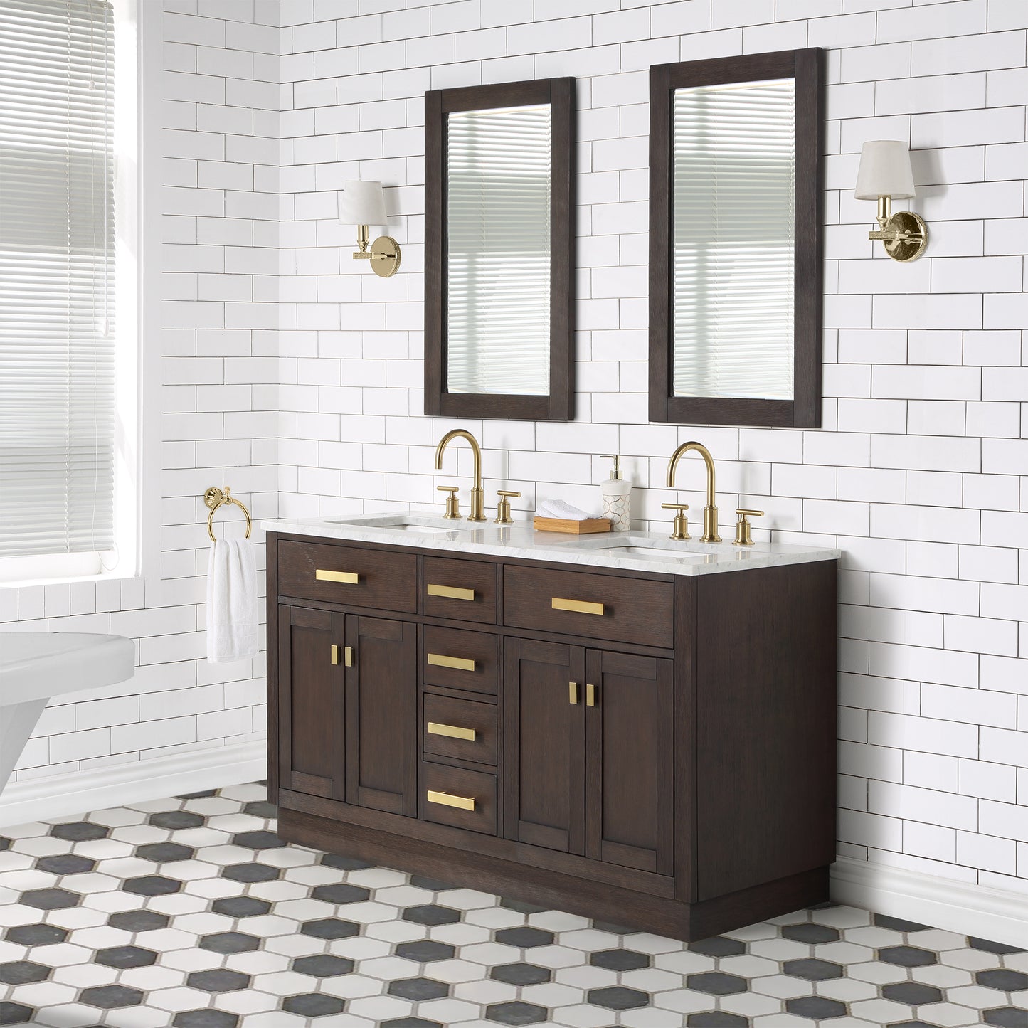 CHESTNUT 60"W x 34.2"H Brown Oak Double-Sink Vanity with Carrara White Marble Countertop + Faucets