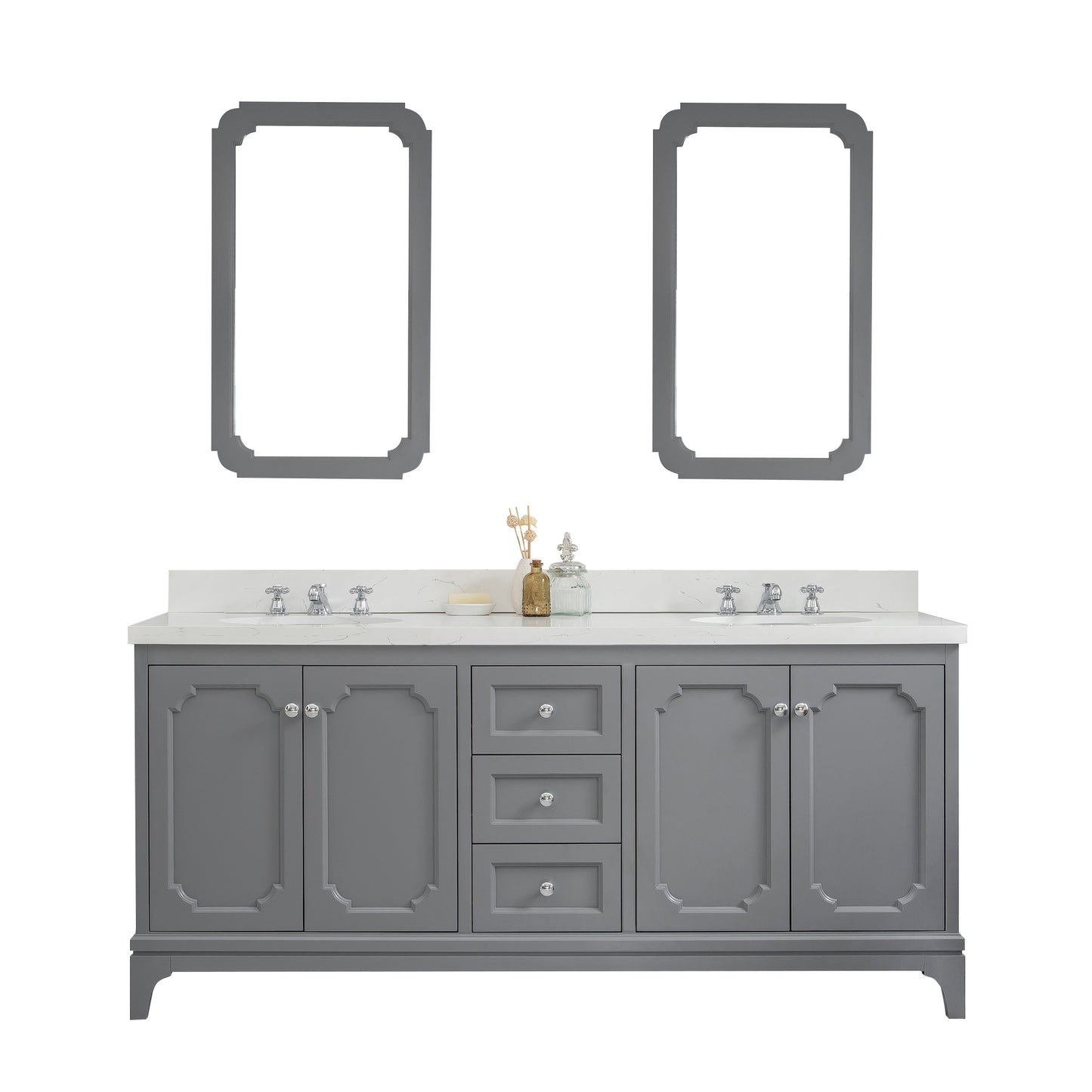 QUEEN 72"W x 34"H Cashmere Gray Double-Sink Vanity with Carrara Quartz Countertop + Mirror