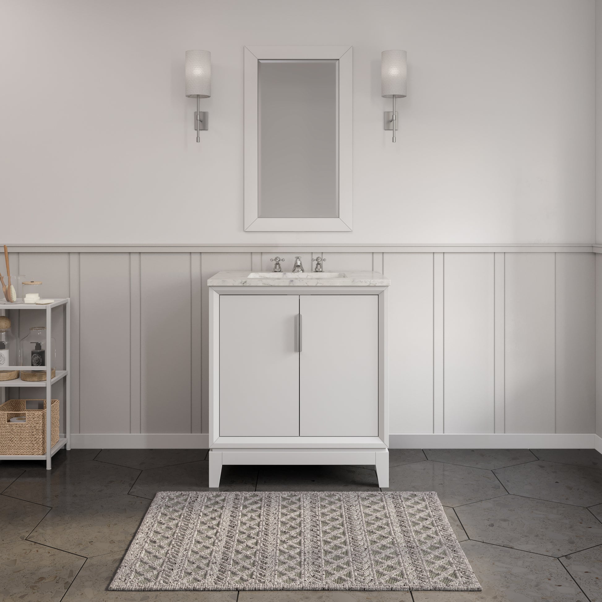 ELIZABETH 30"W x 34.25"H Pure White Single-Sink Vanity with Carrara White Marble Countertop + Faucets (F2-0009-01-BX)