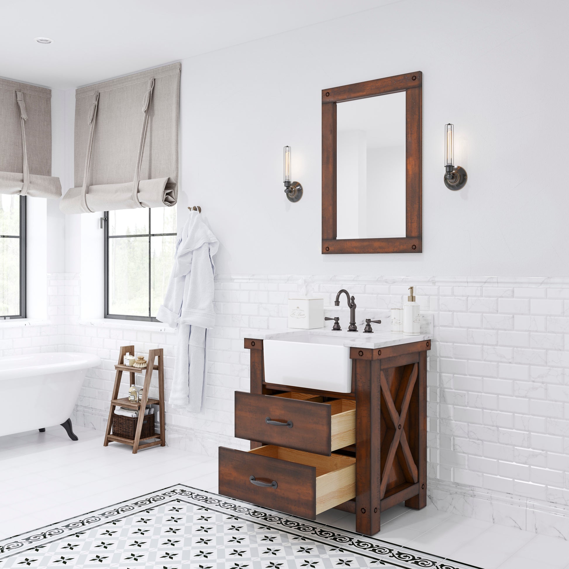 PAISLEY 31"W x 33"H Sierra Rustic Single-Sink Vanity with Carrara White Marble Countertop + Mirror