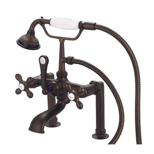 Vintage Classic 7" Spread Deck Mount Tub Faucet With 6" Risers & Handheld Shower in Oil Rubbed Bronze Finish, With Metal Lever Handles, Hot And Cold Labels Included