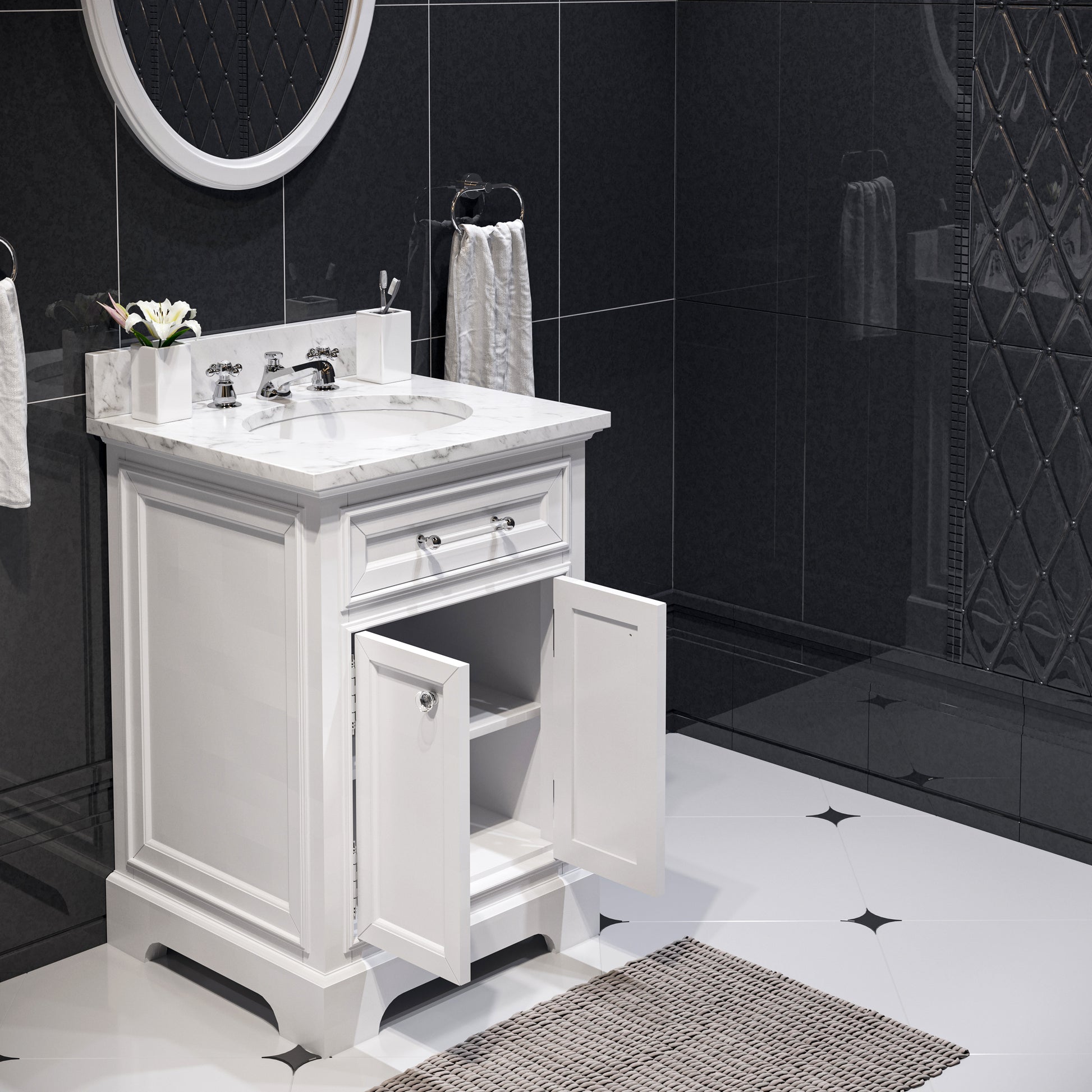 DERBY 24"W x 34"H Pure White Single-Sink Vanity with Carrara White Marble Countertop + Mirror