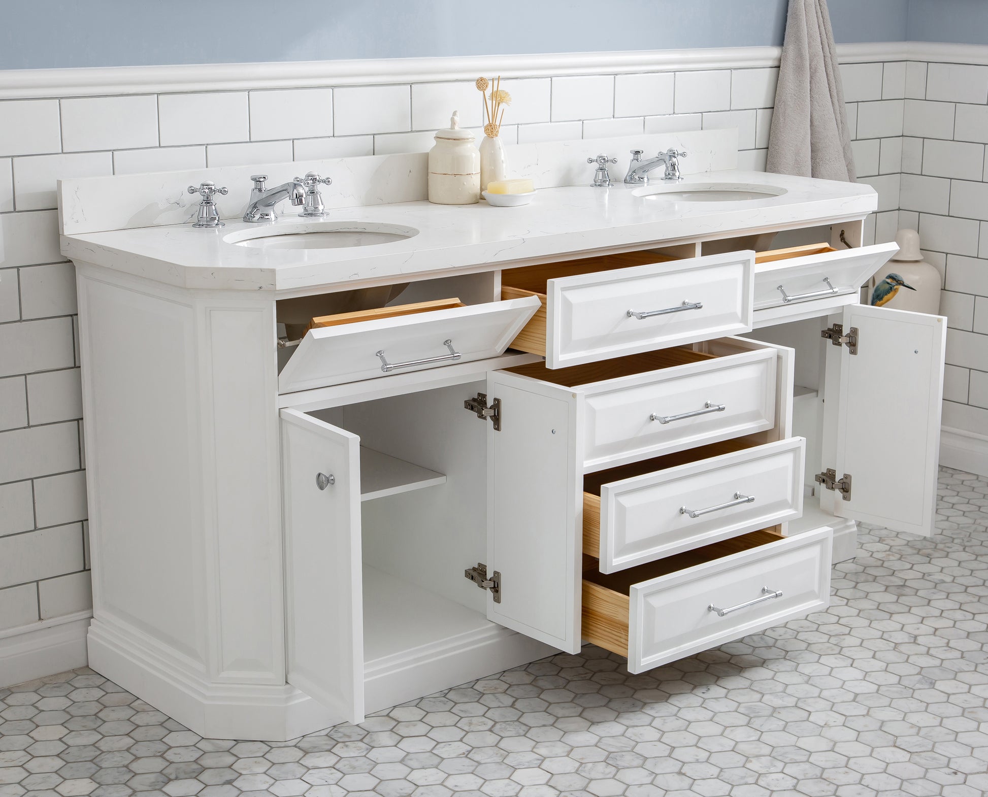 PALACE 72"W x 34"H Pure White Vanity with Carrara Quartz Countertop + Mirror, Chrome Finish Hardware & Mirror