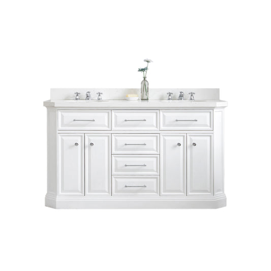 PALACE 60"W x 34"H Pure White Vanity with Carrara Quartz Countertop, Chrome Finish Hardware