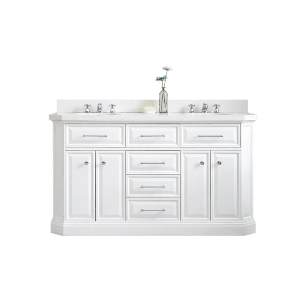 PALACE 60W x 34H Pure White Vanity with Carrara Quartz Countertop, Chrome Finish Hardware