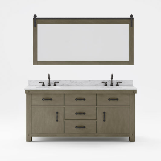 ABERDEEN 72"W x 34"H Grizzle Gray Double-Sink Vanity with Carrara White Marble Countertop + Hook Faucets and Mirror