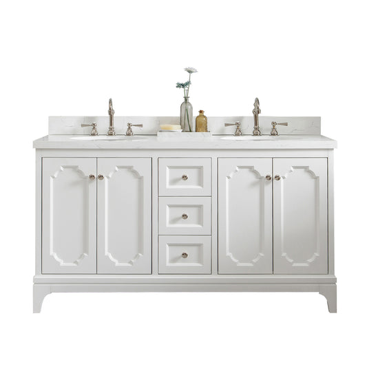 QUEEN 60"W x 34"H Pure White Double-Sink Vanity with Carrara Quartz Countertop + Faucets (F2-0012)