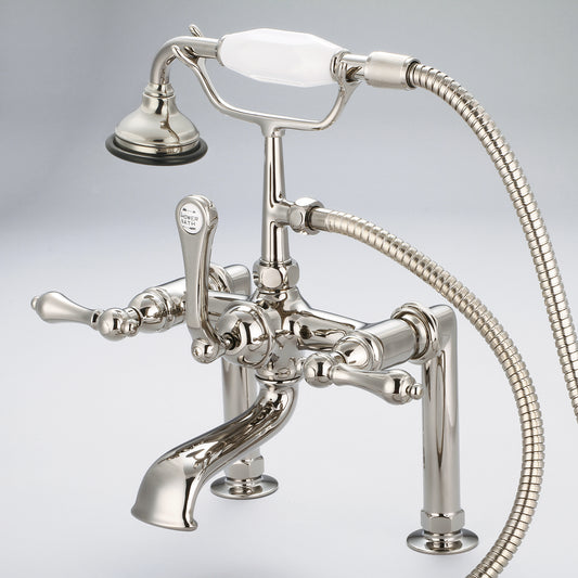 Vintage Classic 7" Spread Deck Mount Tub Faucet With 6" Risers & Handheld Shower in Polished Nickel Finish, With Metal Lever Handles Without Labels