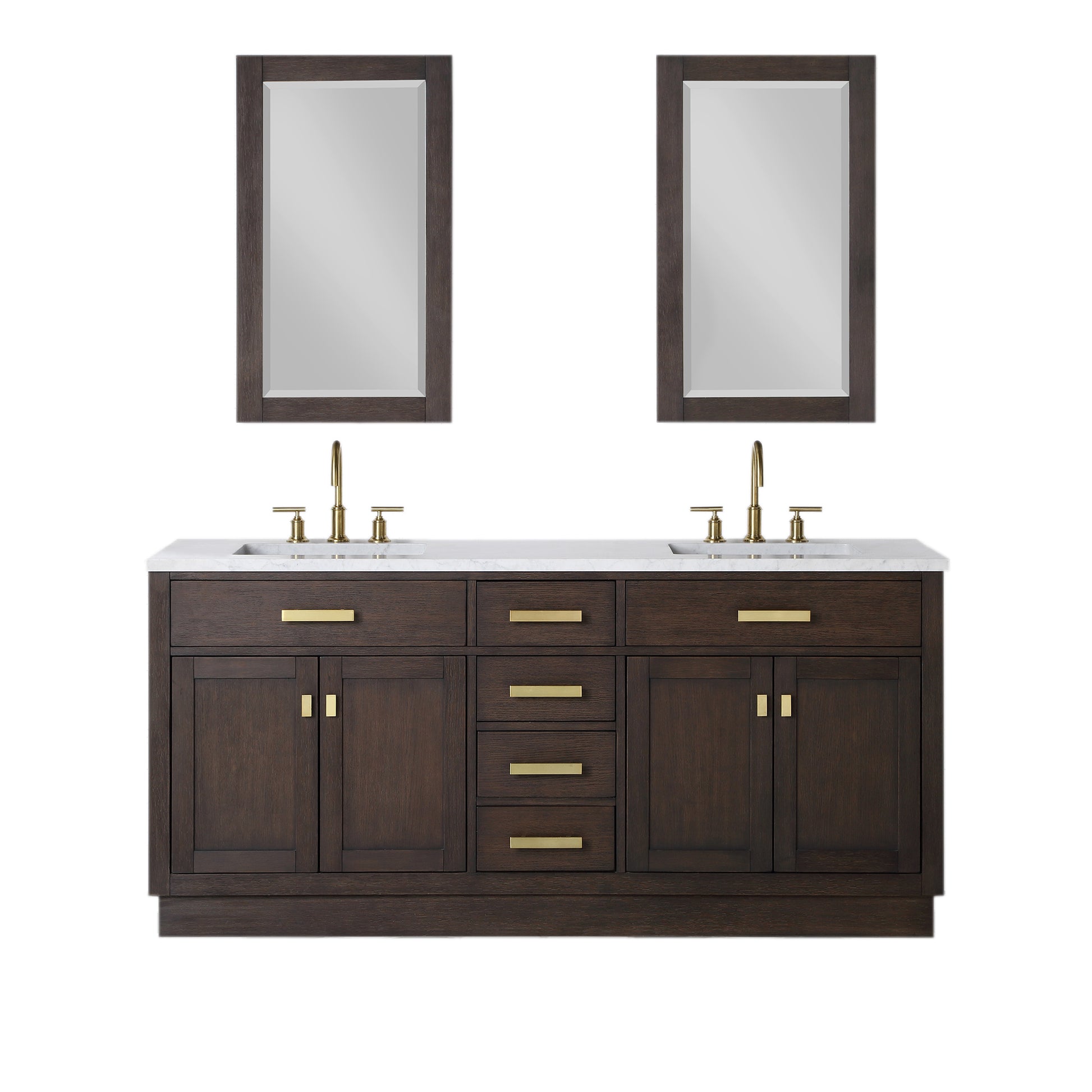 CHESTNUT 72"W x 34.2"H Brown Oak Double-Sink Vanity with Carrara White Marble Countertop + Faucets & Mirrors