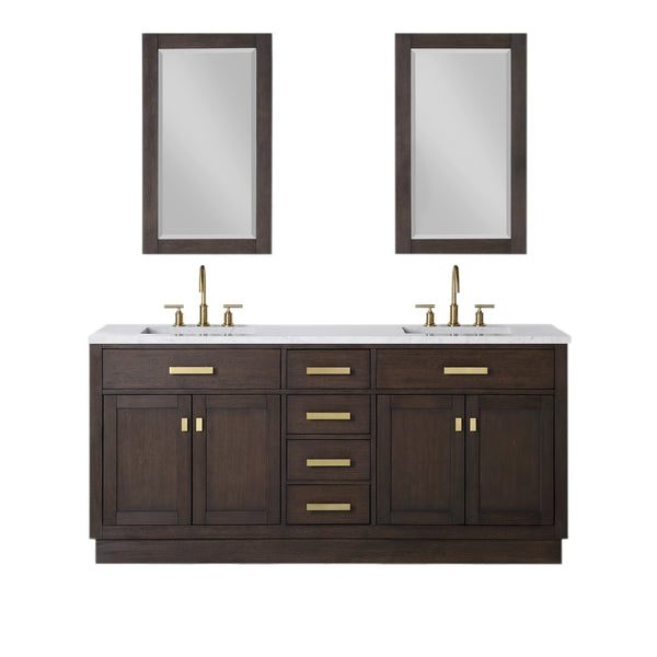 CHESTNUT 72W x 34.2H Brown Oak Double-Sink Vanity with Carrara White Marble Countertop + Faucets & Mirrors