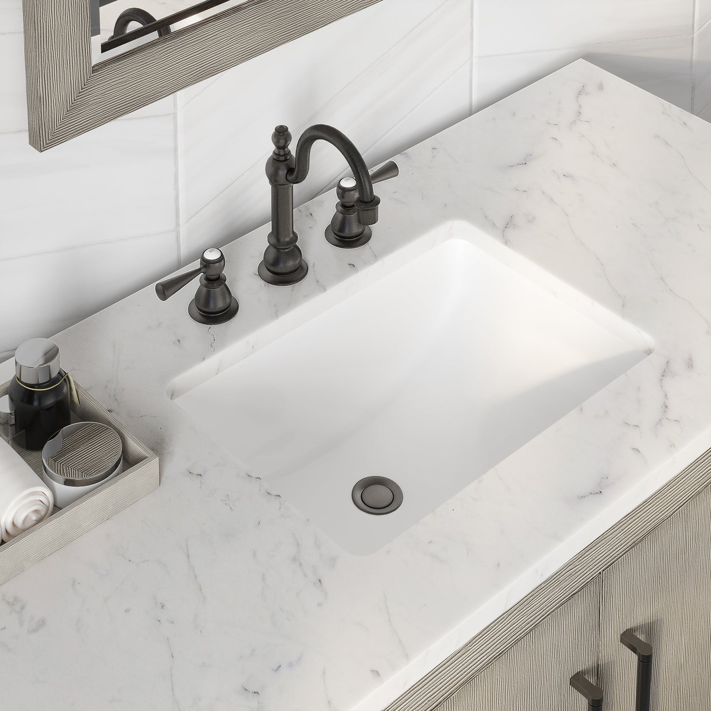 HUGO 48"W x 34.3"H Gray Oak Single-Sink Vanity with Carrara White Marble Countertop + Hook Faucet and Mirror