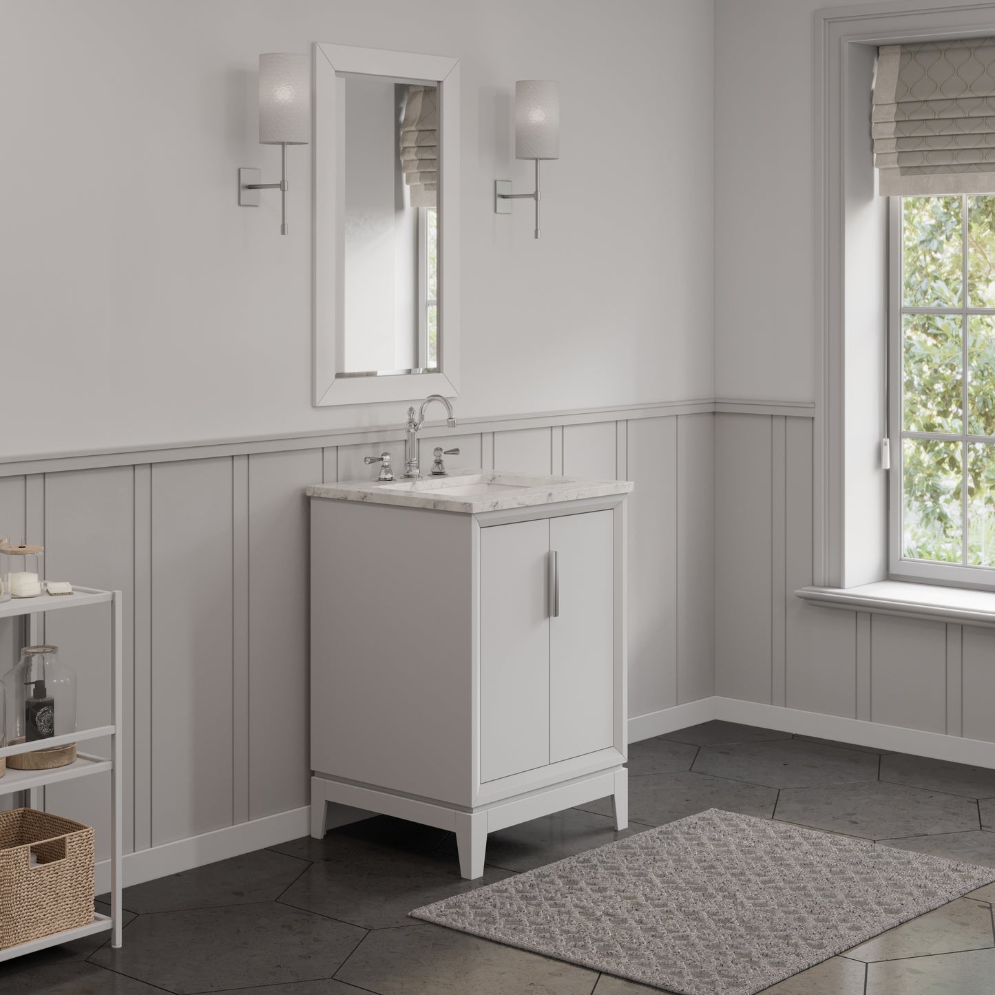 ELIZABETH 24"W x 34.25"H Pure White Single-Sink Vanity with Carrara White Marble Countertop + Faucets (F2-0012-01-TL)