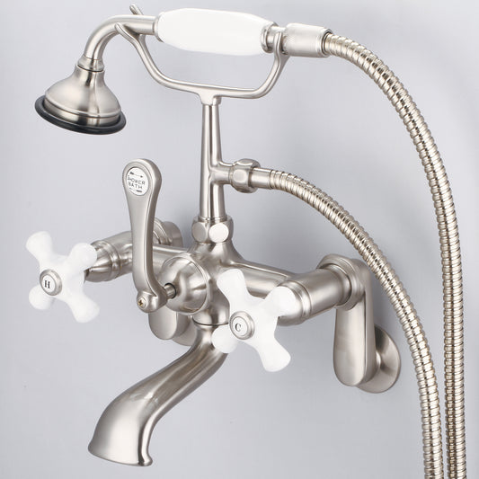 Vintage Classic Adjustable Center Wall Mount Tub Faucet With Swivel Wall Connector & Handheld Shower in Brushed Nickel Finish, With Porcelain Cross Handles, Hot And Cold Labels Included