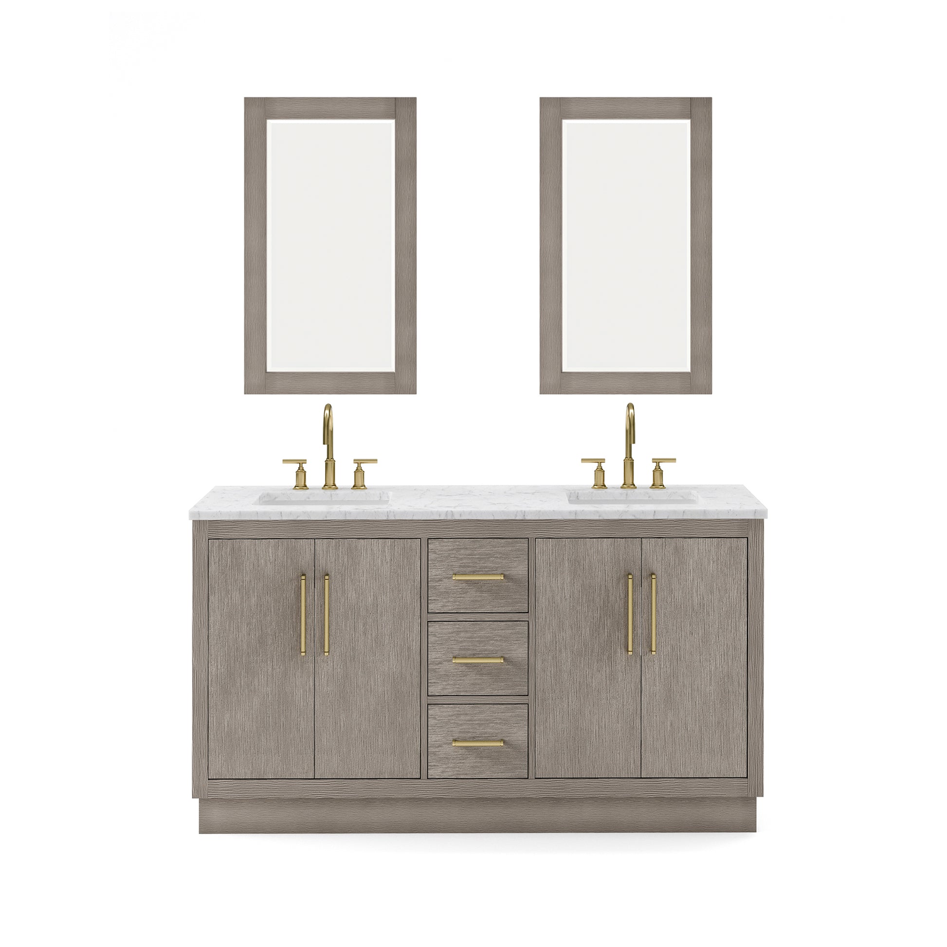 HUGO 60"W x 34.3"H Gray Oak Double-Sink Vanity with Carrara White Marble Countertop + Gooseneck Faucets and Mirrors