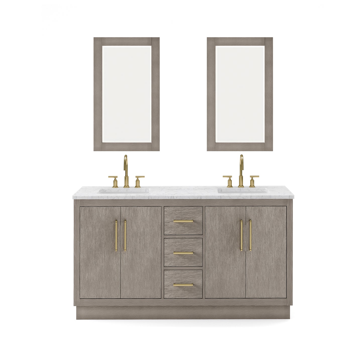 HUGO 60"W x 34.3"H Gray Oak Double-Sink Vanity with Carrara White Marble Countertop + Gooseneck Faucets and Mirrors