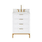 BRISTOL 24"W x 34"H Pure White Single-Sink Vanity with Carrara White Marble Countertop + Satin Gold Gooseneck Faucet