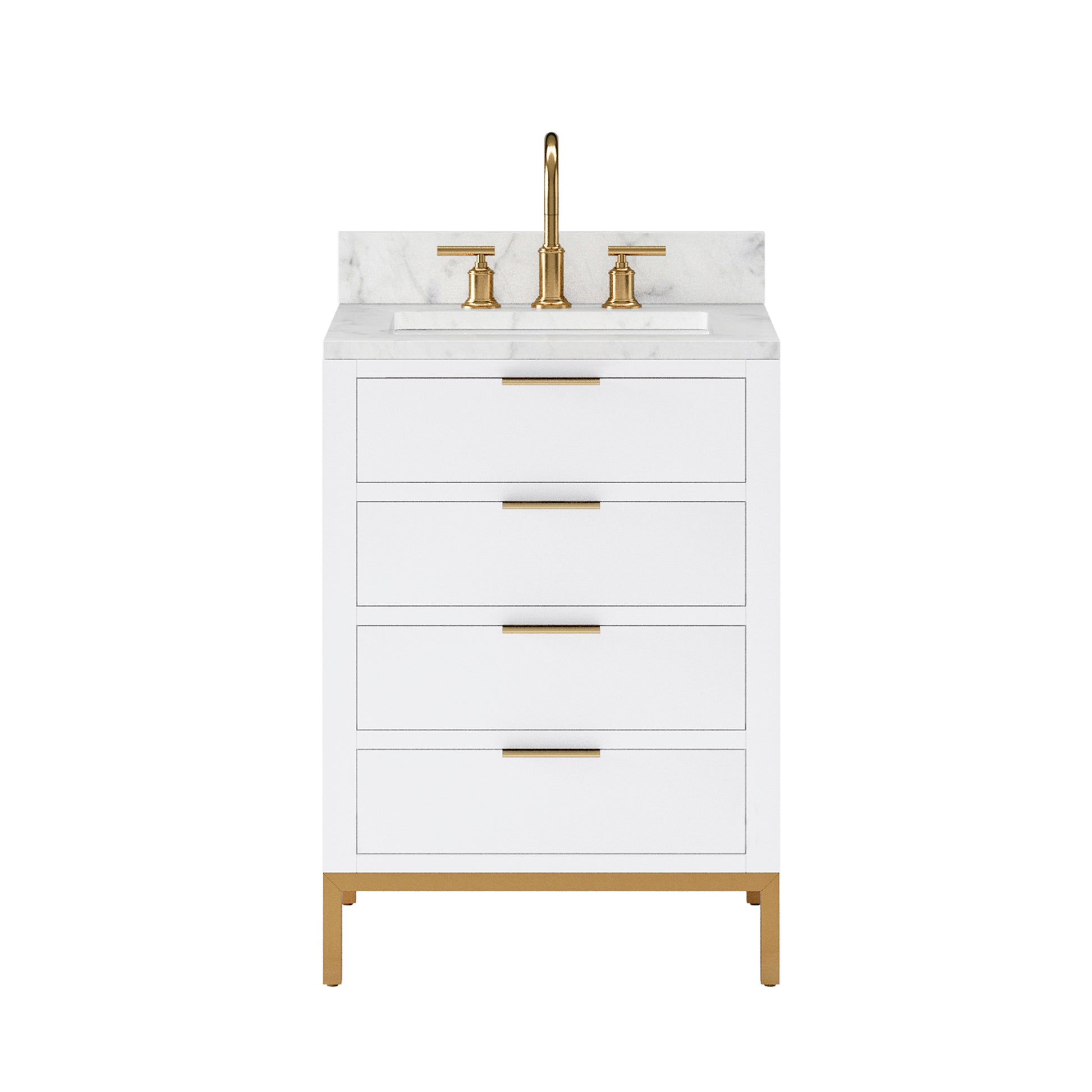 BRISTOL 24"W x 34"H Pure White Single-Sink Vanity with Carrara White Marble Countertop + Satin Gold Gooseneck Faucet