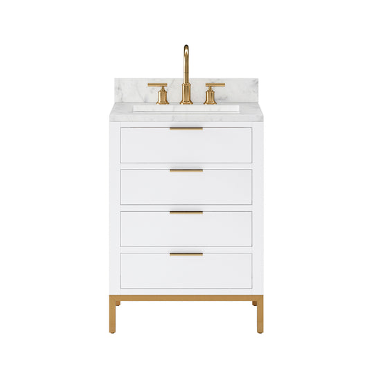 BRISTOL 24"W x 34"H Pure White Single-Sink Vanity with Carrara White Marble Countertop + Satin Gold Gooseneck Faucet