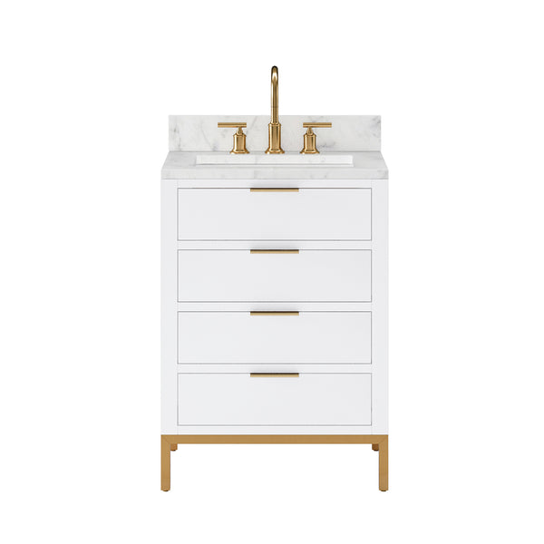 BRISTOL 24W x 34H Pure White Single-Sink Vanity with Carrara White Marble Countertop + Satin Gold Gooseneck Faucet