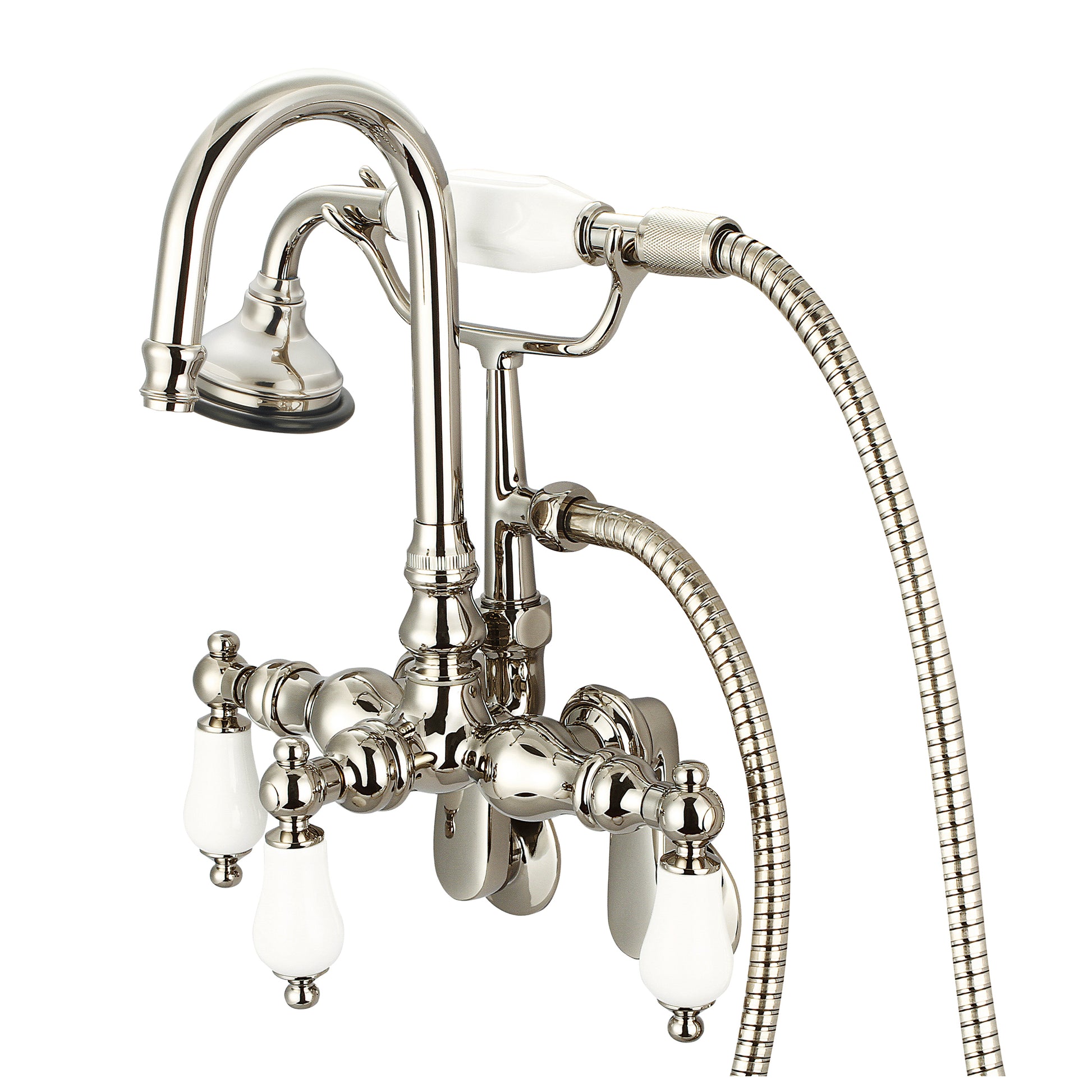 Vintage Classic Adjustable Spread Wall Mount Tub Faucet With Gooseneck Spout, Swivel Wall Connector & Handheld Shower in Polished Nickel Finish, With Porcelain Lever Handles Without labels