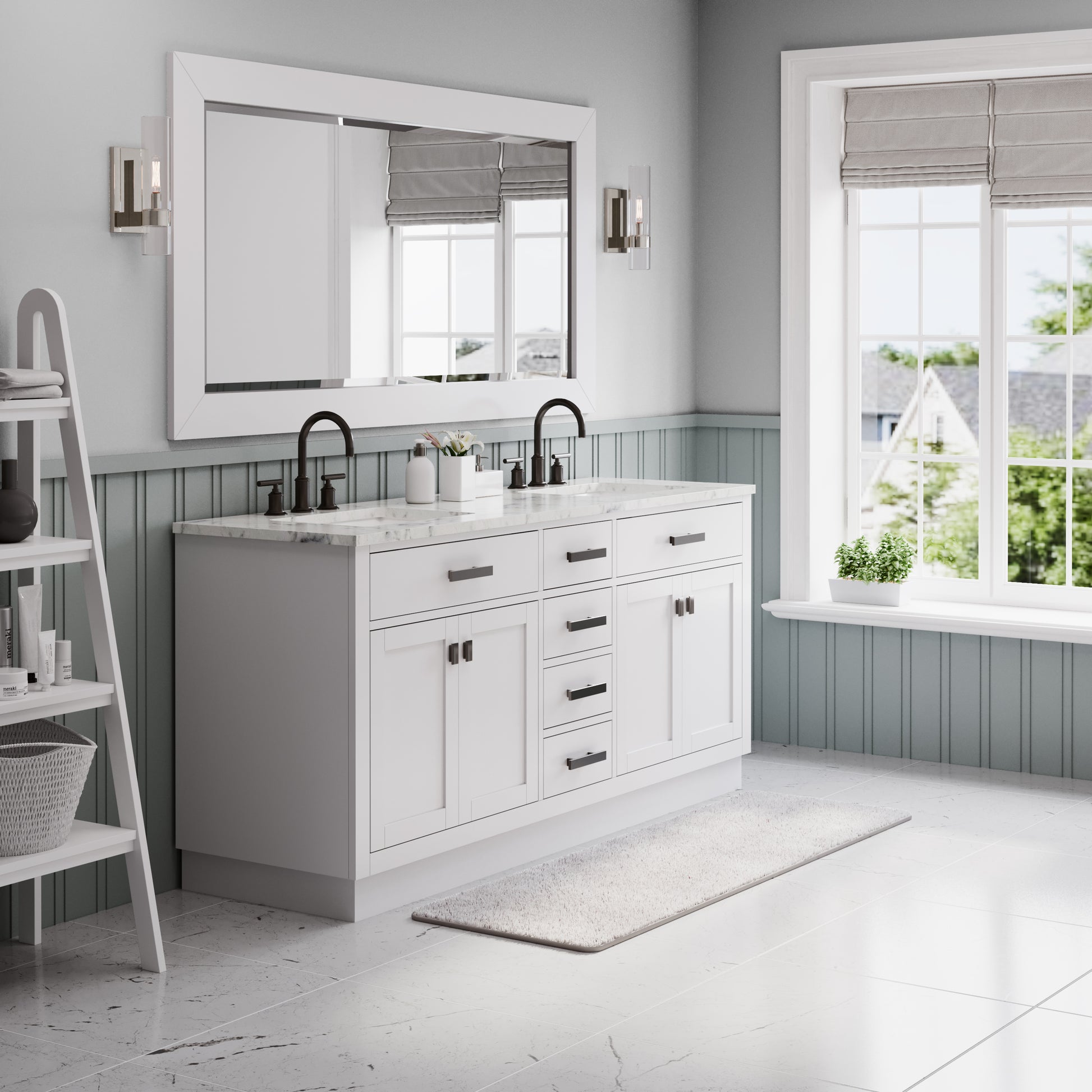 HARTFORD 72"W x 34"H Pure White Double-Sink Vanity with Carrara White Marble Countertop + Gooseneck Faucet and Mirror