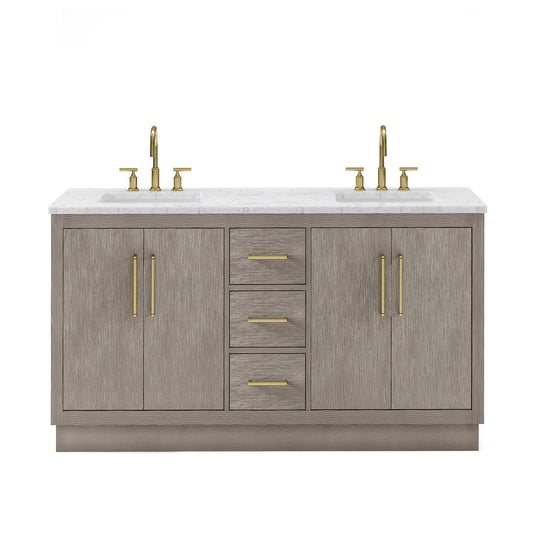 HUGO 60"W x 34.3"H Gray Oak Double-Sink Vanity with Carrara White Marble Countertop + Gooseneck Faucets