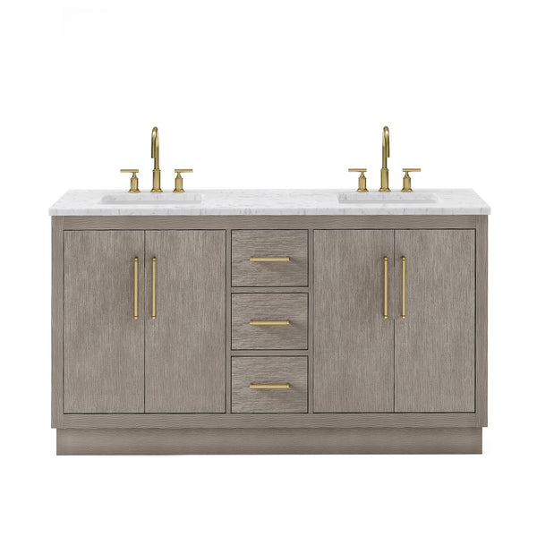 HUGO 60W x 34.3H Gray Oak Double-Sink Vanity with Carrara White Marble Countertop + Gooseneck Faucets