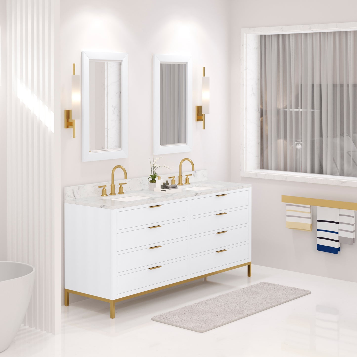 BRISTOL 72"W x 34"H Pure White Double-Sink Vanity with Carrara White Marble Countertop + Satin Gold Gooseneck Faucets and Rectangular Mirrors (S)